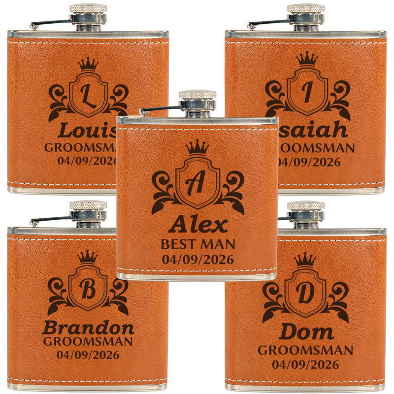 Set of five personalized leather flasks with names and dates engraved on them.