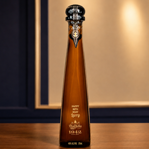 A single amber glass bottle of Don Julio 1942 Happy Birthday Larry liqueur, standing on a wooden surface against a warm beige and dark navy background.