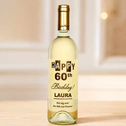 A bottle of white wine with a customized 'Happy 60th Birthday! Laura' label, standing on a light wooden surface with a softly blurred indoor background.