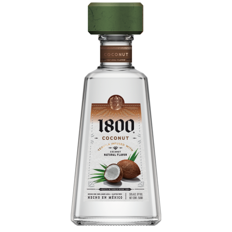 1800 Coconut flavored tequila bottle on a white background