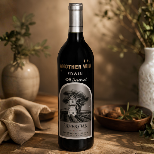 A bottle of red wine from Another Win Edwin, styled on a rustic wooden table with decorative vases, a cloth, and a bowl in a warm, softly lit setting.