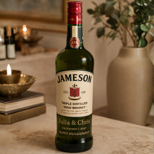 Jameson Irish whiskey bottle with personalized text on a wooden surface.