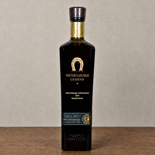 A bottle of Herradura Legend tequila standing upright on a wooden surface against a neutral gray background.