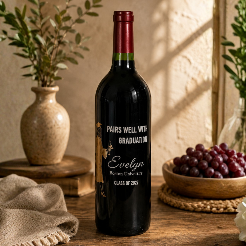 A dark glass wine bottle with a personalized graduation label stands on a wooden table in a warm, styled interior. The label reads 'PAIRS WELL WITH GRADUATION, Evelyn, Boston University, CLASS OF 2027' with a small illustrated figure.