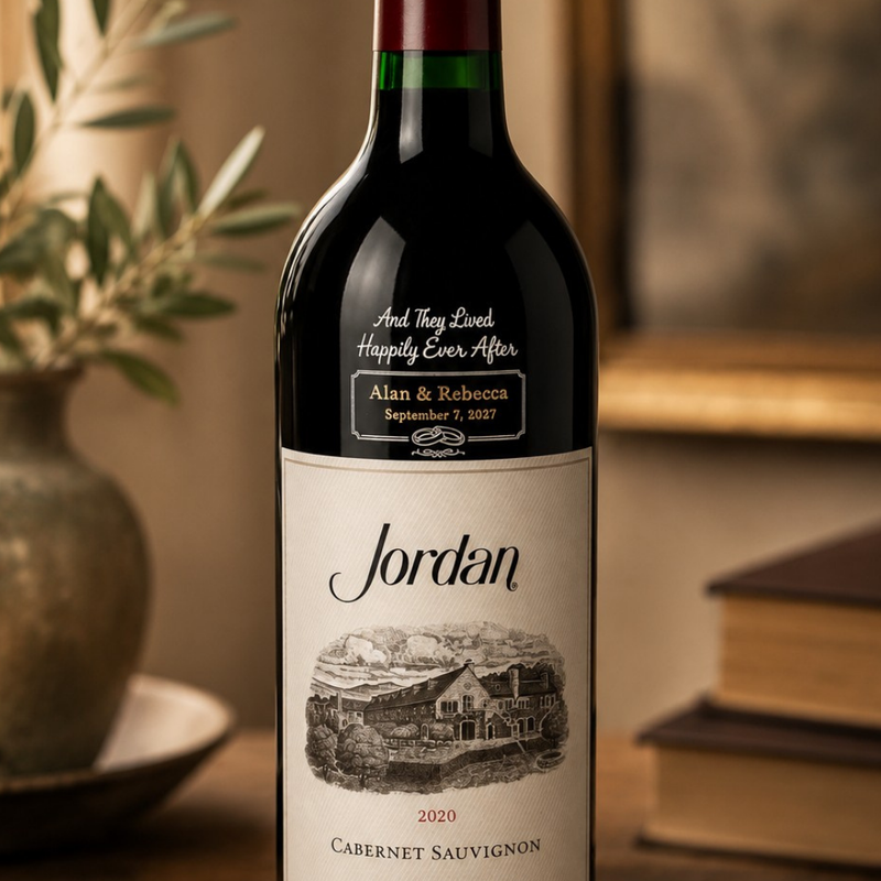 A custom wine bottle with a personalized label for 'Jordan', featuring a vintage-style illustration of a vineyard and the text 'And They Lived Happily Ever After' and 'Alan & Rebecca September 7, 2027'. The bottle is styled on a wooden surface with a blurred background containing books and a vase.