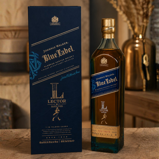 A bottle of Johnnie Walker Lector 2026 Blue Label blended Scotch whisky stands next to its tall navy blue box on a wooden surface, with a softly blurred indoor background and decorative vase.