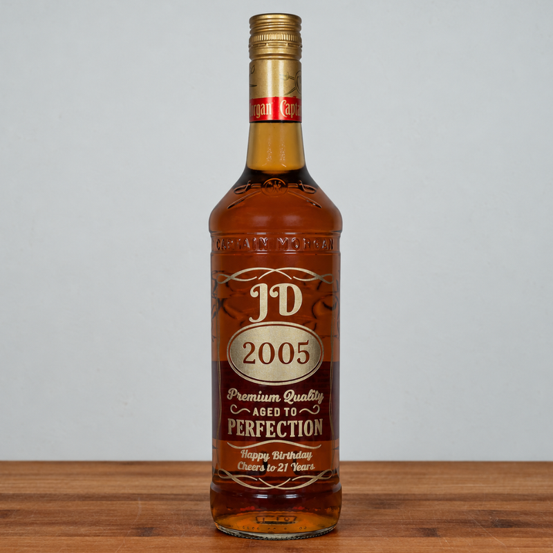 A custom whiskey bottle for a 21st birthday, featuring a gold cap, amber liquid, and a decorative label with 'JD 2005' and 'Aged to Perfection' on a wooden surface against a light gray background.