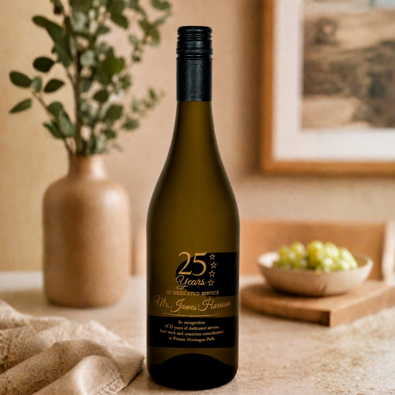 A dark green wine bottle with a black label reading '25 Years of Outstanding Service Mr. James Harrison' stands on a tabletop in a warm indoor setting with a vase of greenery and a bowl of grapes in the background.