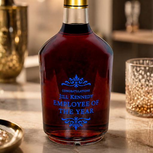 A personalized liquor bottle with a gold neck band and a blue 'Congratulations Jill Kennedy Employee of the Year' print on the front, set on a marble countertop with a blurred bar background.