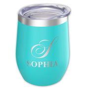 Teal tumbler with silver lid and 'SOPHIA' engraving on a white background