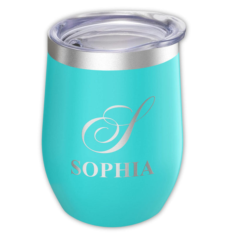 Teal tumbler with silver lid and 'SOPHIA' engraving on a white background