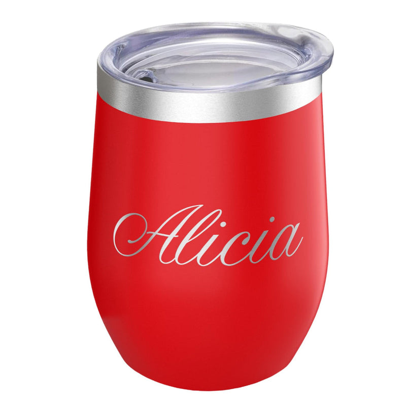 Red insulated tumbler with 'Alicia' engraving on a white background