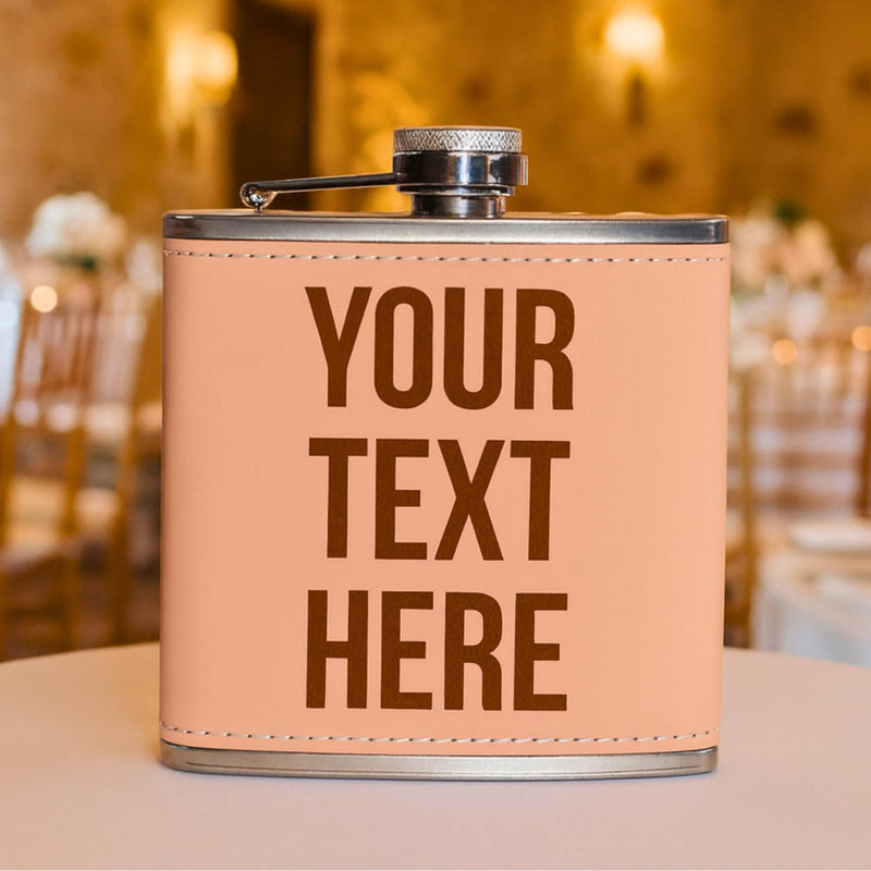 Flask with 'Your Text Here' text on a blurred background of chairs and tables.