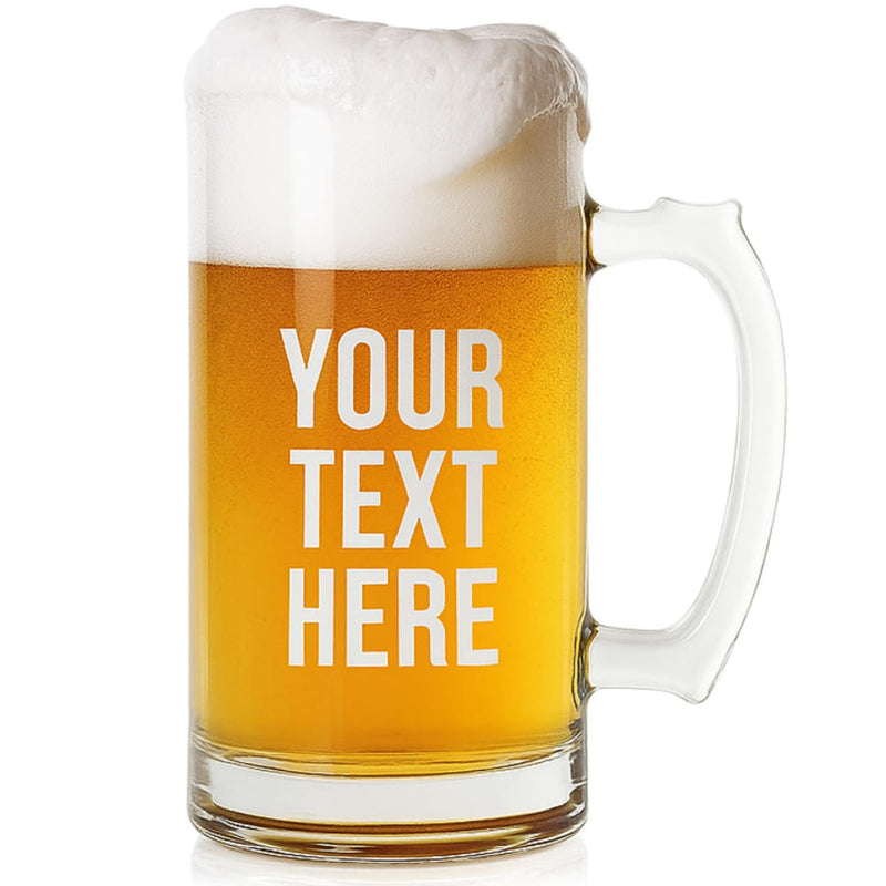 Clear glass mug with beer and 'Your Text Here' text on a white background