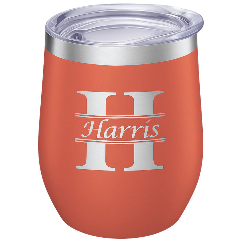 Orange tumbler with 'Harris' logo on a white background