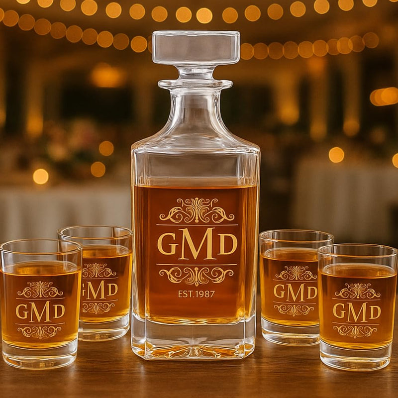 Custom Whiskey Decanter & 4 Glasses Set