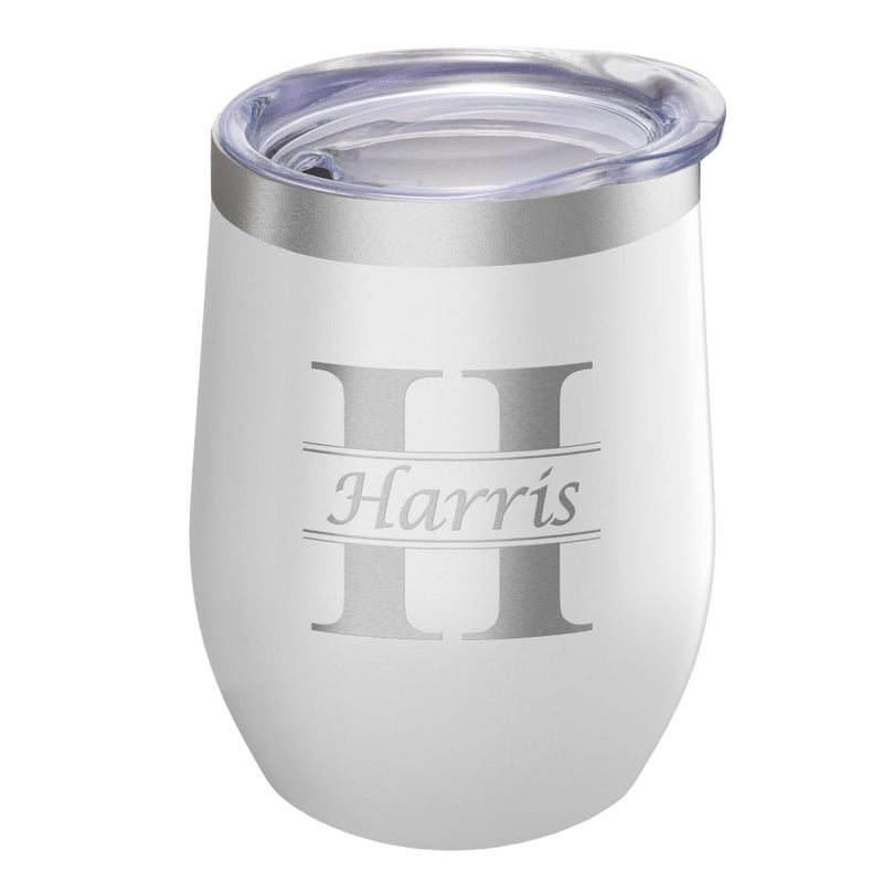 White tumbler with 'Harris' engraving on a white background