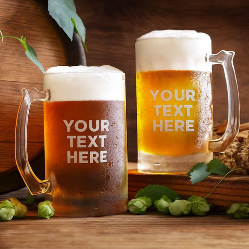 Two glasses of beer with 'Your Text Here' text, surrounded by hops and a wooden barrel on a wooden surface.