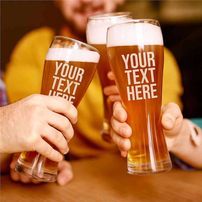 Three pints of beer with 'Your Text Here' text held by people at a table.
