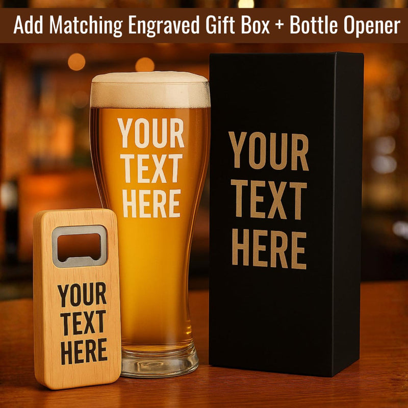 Personalized beer glass, bottle opener, and gift box with 'Your Text Here' text on a wooden surface.