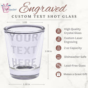 Clear shot glass with 'Your Text Here' text, dimensions, and features listed on a white background.