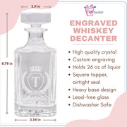 Engraved whiskey decanter with dimensions and features listed on a pink and white background