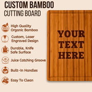 Custom bamboo cutting board with engraved text on a beige background
