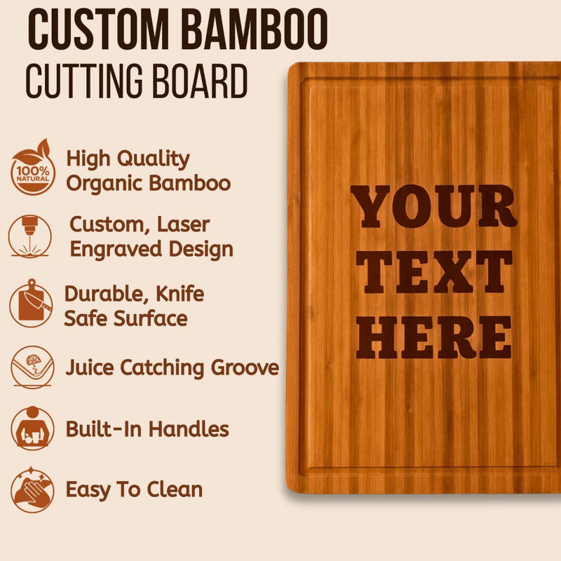 Custom bamboo cutting board with engraved text on a beige background