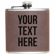 Flask with 'Your Text Here' text on a brown leather wrap