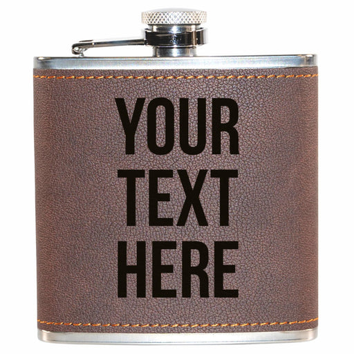 Flask with 'Your Text Here' text on a brown leather wrap