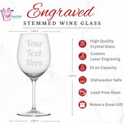 Engraved stemmed wine glass with text placeholder and product features on a white background