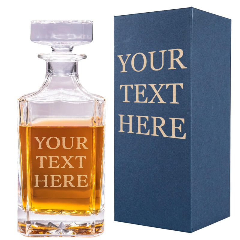 Clear glass decanter with amber liquid and matching blue box with 'Your Text Here' text.