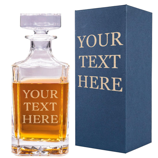 Clear glass decanter with amber liquid and matching blue box with 'Your Text Here' text.