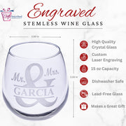 Engraved stemless wine glass with 'Mr. & Mrs. Garcia' text, featuring product details on a white background.