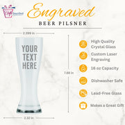 Engraved beer pilsner glass with text placeholder and product details on a white background