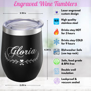Black engraved wine tumbler with product features listed on a white background