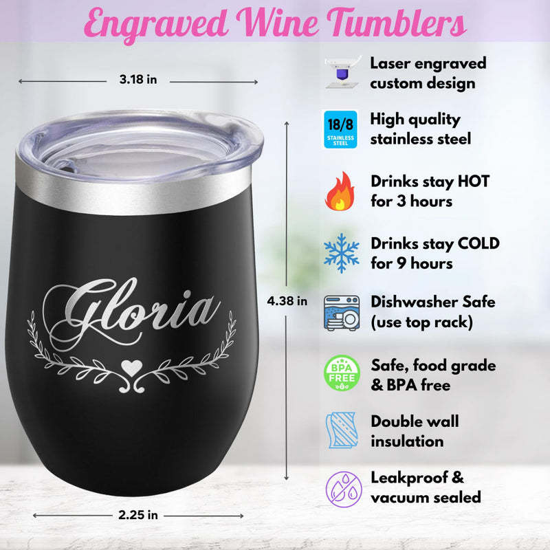 Black engraved wine tumbler with product features listed on a white background