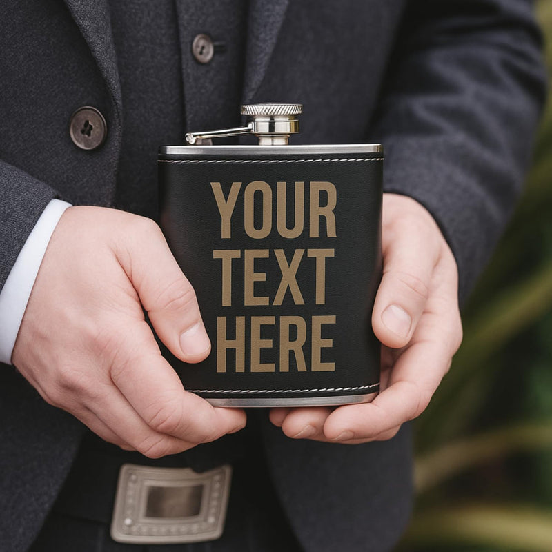 Person holding a black flask with 'Your Text Here' text, wearing a dark coat.