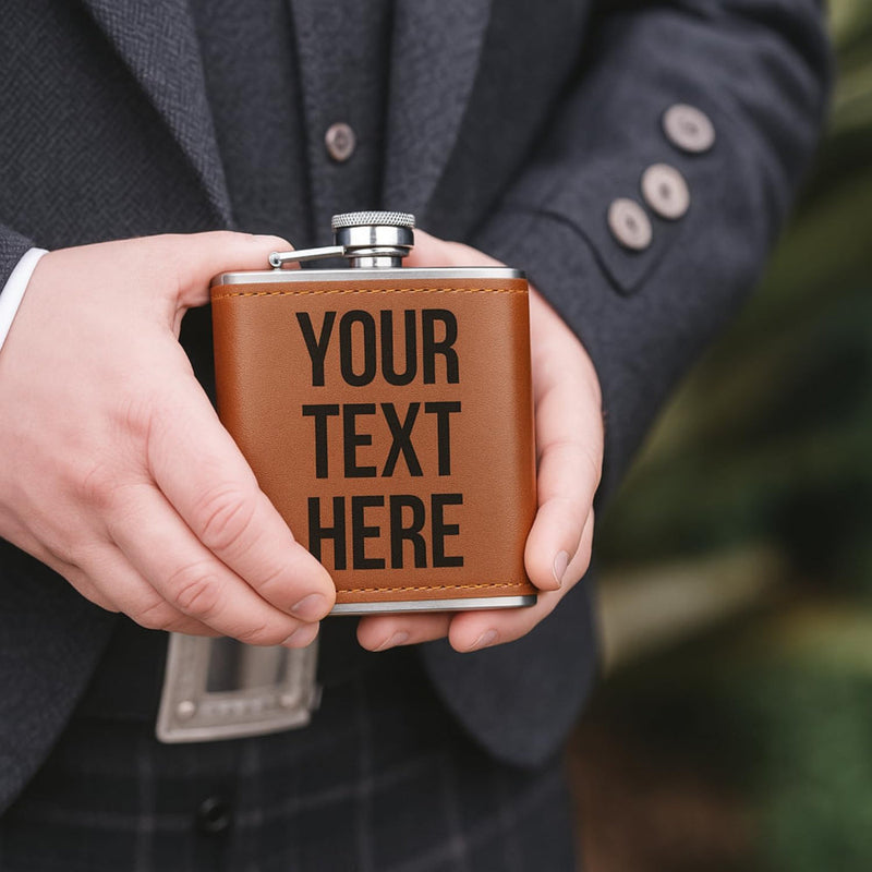 Person holding a brown flask with 'YOUR TEXT HERE' text, wearing a dark suit.