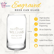 Engraved beer can glass with customization details on a white background
