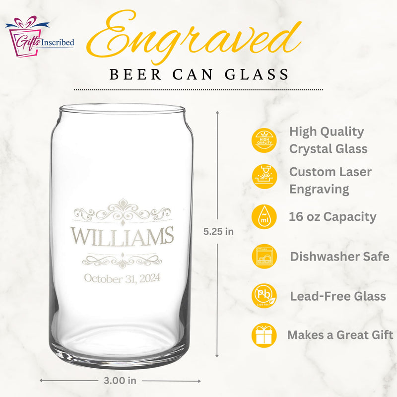 Engraved beer can glass with customization details on a white background