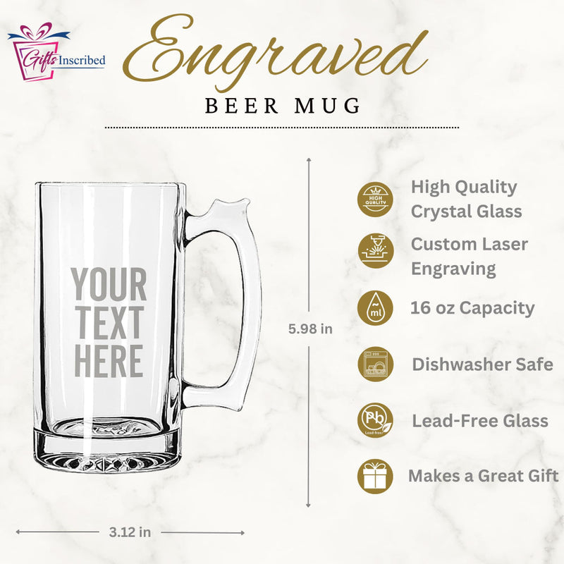 Clear engraved beer mug with text placeholder and product features on a white background