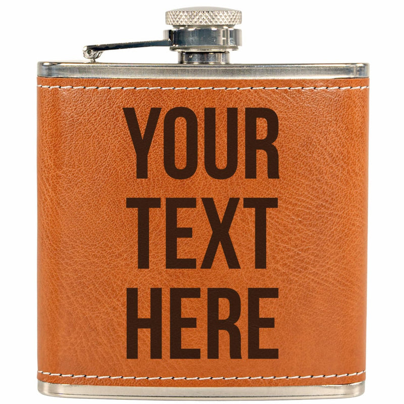Brown leather flask with 'Your Text Here' text on a white background