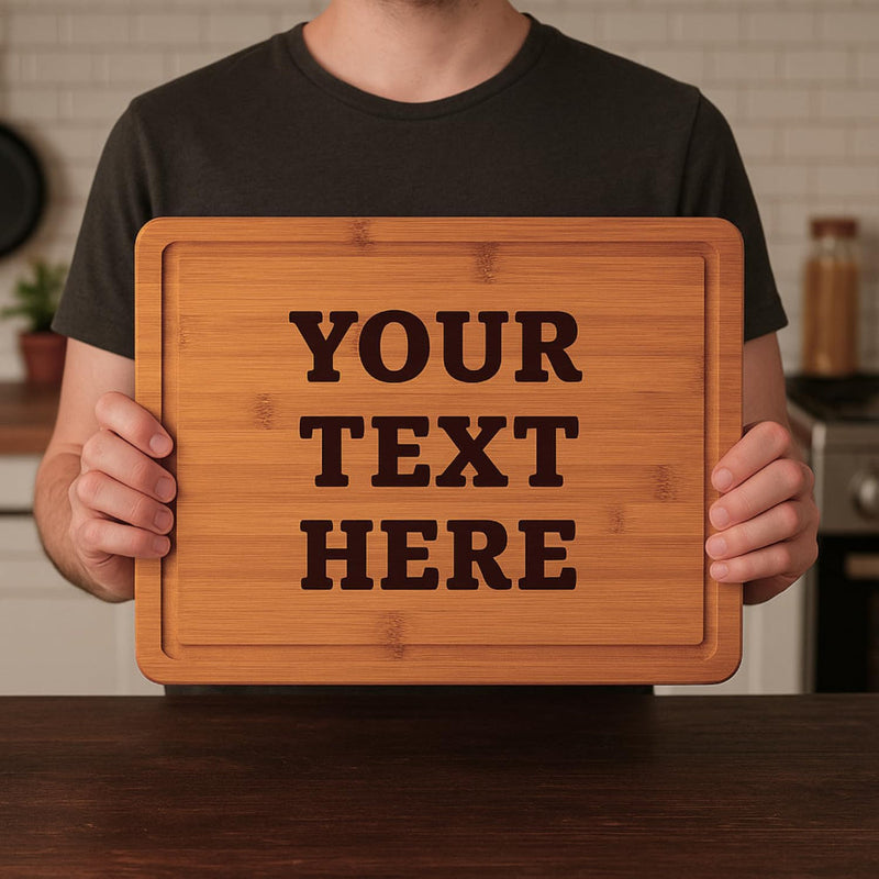 Person holding a wooden cutting board with 'YOUR TEXT HERE' text in a kitchen setting