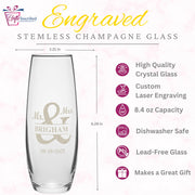 Engraved stemless champagne glass with product details on a pink background