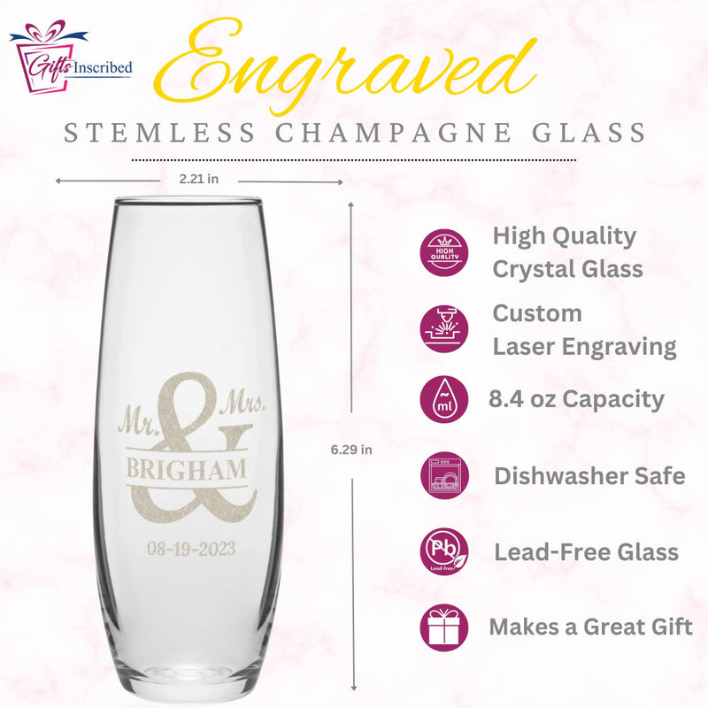Engraved stemless champagne glass with product details on a pink background