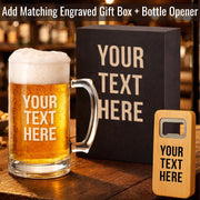 Personalized beer mug, engraved gift box, and bottle opener with 'Your Text Here' text on a bar setting.