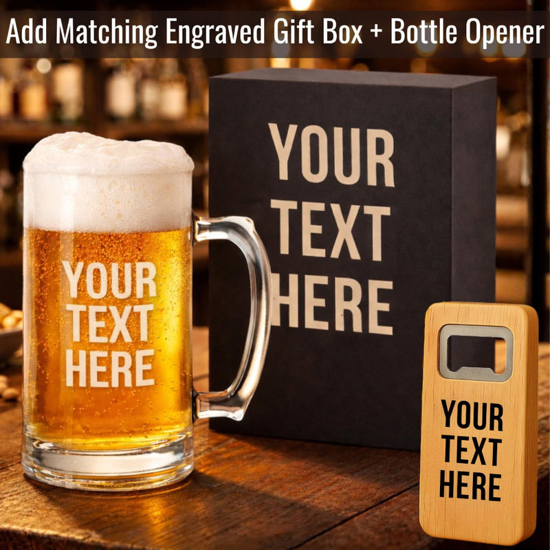 Personalized beer mug, engraved gift box, and bottle opener with 'Your Text Here' text on a bar setting.