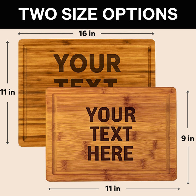 Two wooden cutting boards with text engraving, showing two size options.