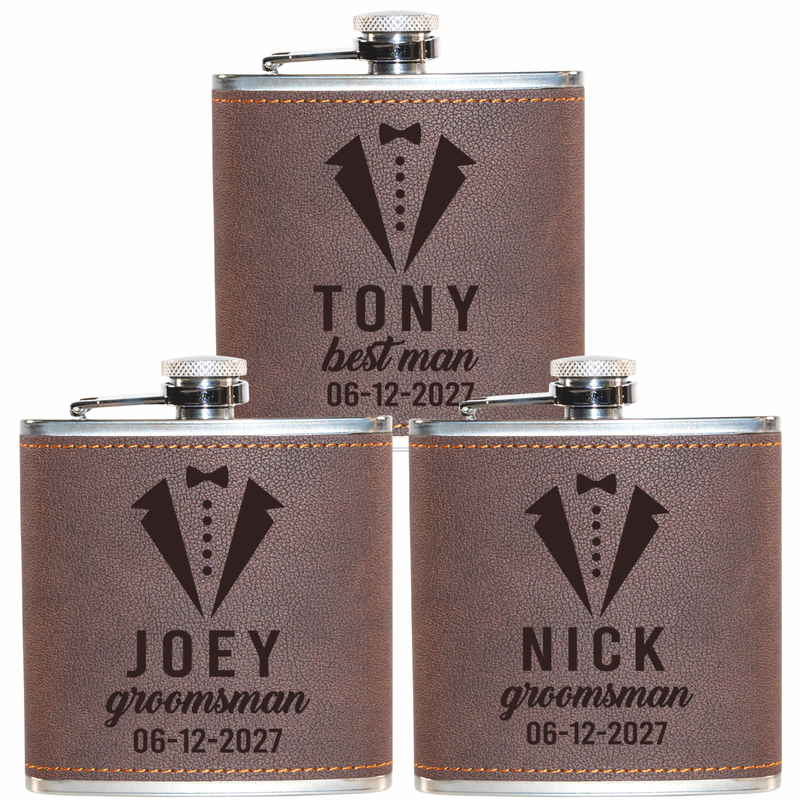 Personalized Leather Hip Flask Set | Custom Engraved 6oz Stainless Steel Flask